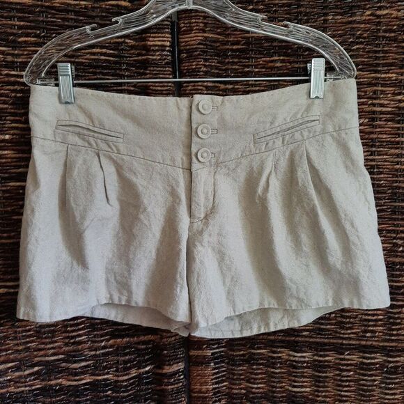 Anthropologie Pants - Anthropologie Elevenses Linen Mid Rise Shorts 6 Beige Pleated Metallic Coastal